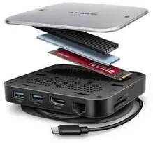 AXAGON HMC-UFO USB 10Gbps šakotuvas, 2x USB-A, USB-C, HDMI 4k/60, RJ-45, M.2, SD/mSD, garso jungtis, PD