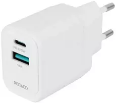 USB sieninis įkroviklis DELTACO, 1x USB-A 18 W, 1x USB-C PD 20 W, baltas/ USBC-AC154 / 1903153