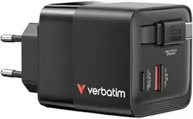Verbatim GaN Wall Charger, 65W, 2 Ports, USB-C Cable, Foldable US Plug with EU/UK Adapters