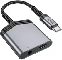 Adapteris AUX 2w1 USB C į USB C / Jack 3,5 mm Hoco 27W LS39 metalinis pilkas