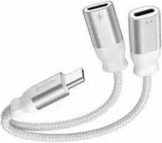 SWISSTEN TEXTILE Įkrovimo garso adapteris USB-C (M) - 2x USB-C (F) 0,12 m baltas