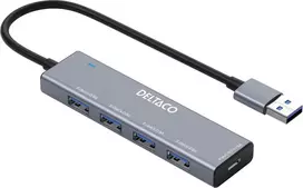 USB-A šakotuvas DELTACO, 4x USB-A lizdas, 5Gbps, aliuminis, pilkas / UH-738 / 1903171