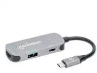 Adapteris AV Manhattan MANHATTAN USB-C į HDMI 3-in-1 prijungimo keitiklis USB 3.2 Type-C Vyriškas į HDMI 4K60Hz USB-A 5Gbit/s ir USB-C maitinimo tiekimas 100W