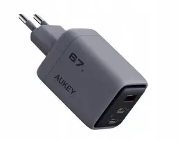 Sieninis įkroviklis 67W 2xUSB-C, 1xUSB, PD GaN by Aukey Dark Pilkas
