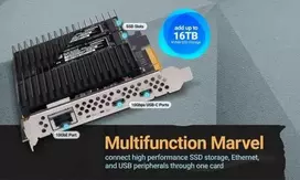 „Sonnet McFiver PCIe“ plokštė – daugiafunkcinė adapterio plokštė su dviem M.2 NVMe SSD lizdais, 10Gb/s eterneto ryšiu ir dviem 10Gb/s USB-C prievadais.
