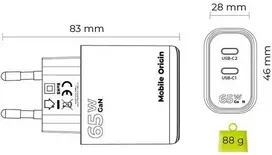 Įkroviklis Mobile Origin GaN 65W įkroviklis TÜV, MO19 - dvigubas USB-C