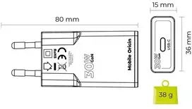 Įkroviklis Mobile Origin GaN 30W Slim Charger TÃœV, MO17 - USB-C