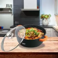 LIETINIS ALIUMINIO PADAŽO PUODAS + DANGTELIS, 24 cm x 11,5 cm, 4,4 L, TAMSIOSIOS LINIJOS, „COOKING BY HEINNER“