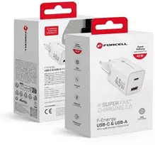 FORCELL F-ENERGY Mini GaN III VT-36 kelioninis įkroviklis su 1 x C tipo + 1 x USB A lizdais, PD QC4.0 45W baltas