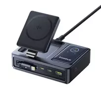 „Baseus NOMOS 140W Qi2 5in1“ belaidis ausinukas su ištraukiamu USB-C laidu ir skaitmeniniu ekranu – juoda