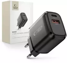 „Tech-Protect NCA30 PD 30W / QC3.0 USB-A / USB-C“ sieninis įkroviklis - juodas