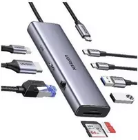 ŠAKOTAS UGREEN CM498 USB-C / 2xUSB-A, 2xUSB-C, HDMI, VGA, RJ45 1000Mbps, SD/TF, USB-C PD 100W pilkas