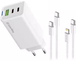 ColorWay 2x USB-C, 1x USB-A/ mains charger/ GaN/ PD/ PPS/ 65W, Baltas