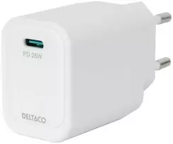 USB-C sieninis įkroviklis DELTACO, 1x USB-C PD 20 W, PPS 25 W, baltas / USBC-AC158 / 1903356