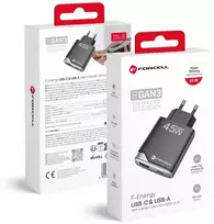 Įkroviklis jungiama į tinklą do telefonu Forcell F-Energy Ultra Slim GaN III USB C + USB A PD QC4.0 3A 45W B245202(1A1C) juoda