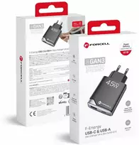 Phone charger Forcell F-Energy Ultra Slim GaN III USB C + USB A PD QC4.0 3A 45W B245202(1A1C) juodas