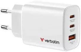 Verbatim GaN Travel Charger Essentials 65W, 2×USB-C PD, 1×USB-A QC, EU Plug, Baltas