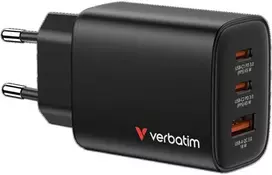 Verbatim GaN Travel Charger Essentials 65W, 2×USB-C PD, 1×USB-A QC, EU Plug, Juodas