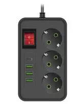 Išmanus juodos spalvos prailgintuvas su USB ir Type-C jungtimis Happy People, KK-24