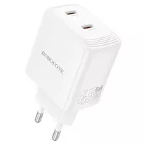 Borofone kelioninis įkroviklis BN31 Cargador GaN – 2xType C – QC 3.0 PD 45W baltos spalvos