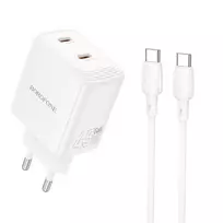 Borofone kelioninis įkroviklis BN31 Cargador GaN – 2xType C – QC 3.0 PD 45W with Type C to Type C cable baltos spalvos