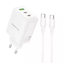 Borofone Wall charger BN32 Cargador GaN – USB + 2xType C – QC 3.0 PD 65W with Type C to Type C baltas