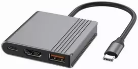 Gembird A-CM-COMBO3-05 USB Type-C 3 viename daugiaprievadis adapteris (USB prievadas + HDMI + USB-C vaizdo įrašymo įrenginys), pilkas
