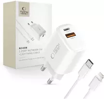 Tech-Protect NCA45W-GAN 2-Port laidinis įkroviklis PD 45W / QC3.0 + Lightning kabelis baltos spalvos