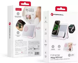 Forcell F-ENERGY Mag Mirror 3 in 1 15W belaidis įkroviklis, suderinamas su „MagSafe“ / „Apple Watch“ / „Samsung Watch“ / „Airpods“, rožinis