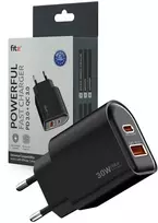 Greitojo įkrovimo įkroviklis FIT2 K22 30W su USB-C PD ir USB-A QC, juodas