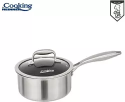 NERŪDIJANČIO PLIENO PUODAS + 3 SLUOKSNIŲ STIKLINIS DANGTIS 18X9 CM, 2 L, TITANIUM3, COOKING BY HEINNER