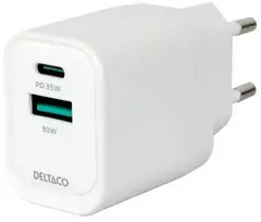 USB GaN sieninis įkroviklis DELTACO, 1x USB-A 18 W, 1x USB-C PD 35 W, PPS / USBC-AC159 / 1903775