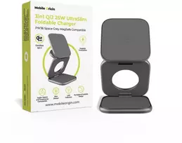 Mobile Origin 3 viename Qi2 25W ultraplonas sulankstomas įkroviklis PW36 suderinamas su MagSafe kosminė pilka
