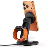 Satechi 3-in-1 Qi2 25W Foldable Charging Stand - składana kroviklis bezprzewodowa Qi2 25W do trzech urządzeń, kabelis oraz adaptery US/CAN/EU/UK w zestawie (space juodas)
