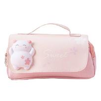 Cute Cat Decompression Pencil Case Big Box Portable Pen Bag Double Layer School Pouch Stationery rožinė