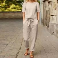 Moteriška palaidinė ir kelnės, vasarinė medvilninė lininė striukė ir kelnės 4XL smėlis