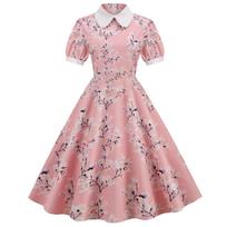 Women's Printed Short-Sleeved Doll Collar Casual Fashion Hem Dress XXXL rožinė