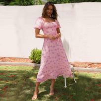 Spring and summer dress new backless spice girl spring bubble sleeve floral dress women look thin and light luxury S