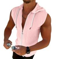 Men Hooded Zip-up T-Shirt Jacquard Sleeveless Hoodie Tee Stylish Textured Summer S rožinė
