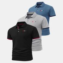 Vyriškas 3 dalių dryžuotas polo marškinėlių komplektas, tinkantis laisvalaikiui, darbui, verslui, polo ir golfui; sugeria drėgmę L juoda/pilka spalva