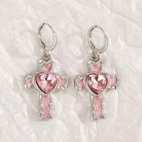 Vintage Punk Pink Crystal Cross Drop Earrings For Women Gothic Hip Hop Cross Star Charms Earrings Y2K Aesthetic Zircon
