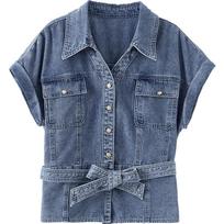 Betu Women's Soft Denim Short Sleeve Shirt S džinsinio mėlyna spalva