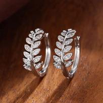 925 Sterling Copper Simple Stylish Leaf Olive Small Hoop Earrings for Women Paved Shiny Crystal CZ Exquisite Girl Earrings