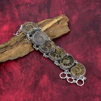 Amonito fosilijų papuošalai, 925 prabos solidus sterlingų sidabro akmenų apyrankė, Rankų darbo papuošalai, Memorialo dienai Adjustable with 8 inches geltona