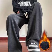 Men's Autumn Winter Hong Kong-Style Loose Plus-Size Straight-Leg Casual Pants Fashionable Simple Fleece-Lined Wide-Leg Pants M