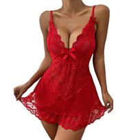 Seksualus moteriškas nėriniuotas babydoll naktinis su lankeliu ir dirželių rinkiniu G-string Thong Gėlėtas Nėrinys Boudoir Apranga S raudona