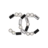 Chanel 23K New Black And White Rhinestone Pearl Splicing Double C Metal Brooch Unisex Brooch ABC294B14556NS395 F,Black