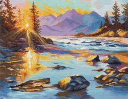 Kryželiu siuvinėjimo rinkinys „Aukso aušra“ – gamtos peizažas 32×26 cm