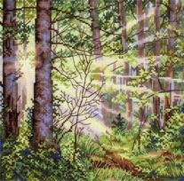Kryželiu siuvinėjimo rinkinys „Saulėtas miškas“ – 20×20 cm saulėto miško peizažas interjerui