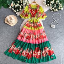 High Quality Chic New Flower Print Pleated Butterfly Sleeve Slim Women's Dress Fashion V Neck Elegant Elastic Casual Splice Maxi Dress One size fits all žalia